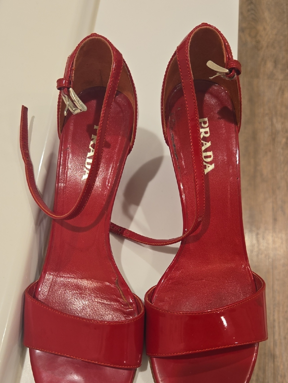 Prada Red Patent Leather Ankle-Strap Sandals with Gold Buckles